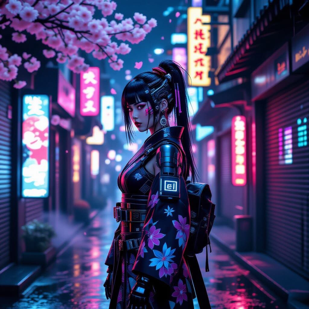 Cyberpunk Woman in Neon Alleyway with Cybernetic Hair