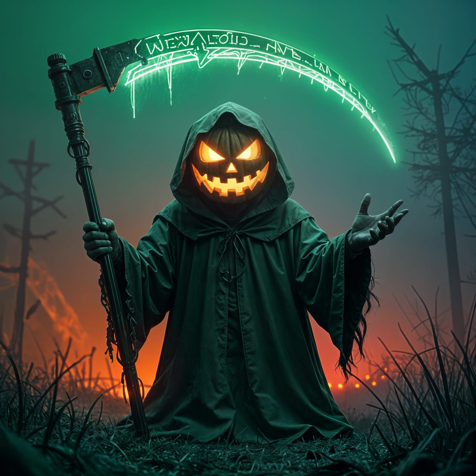 Neon Jack-o'-Lantern in Ominous Darkness