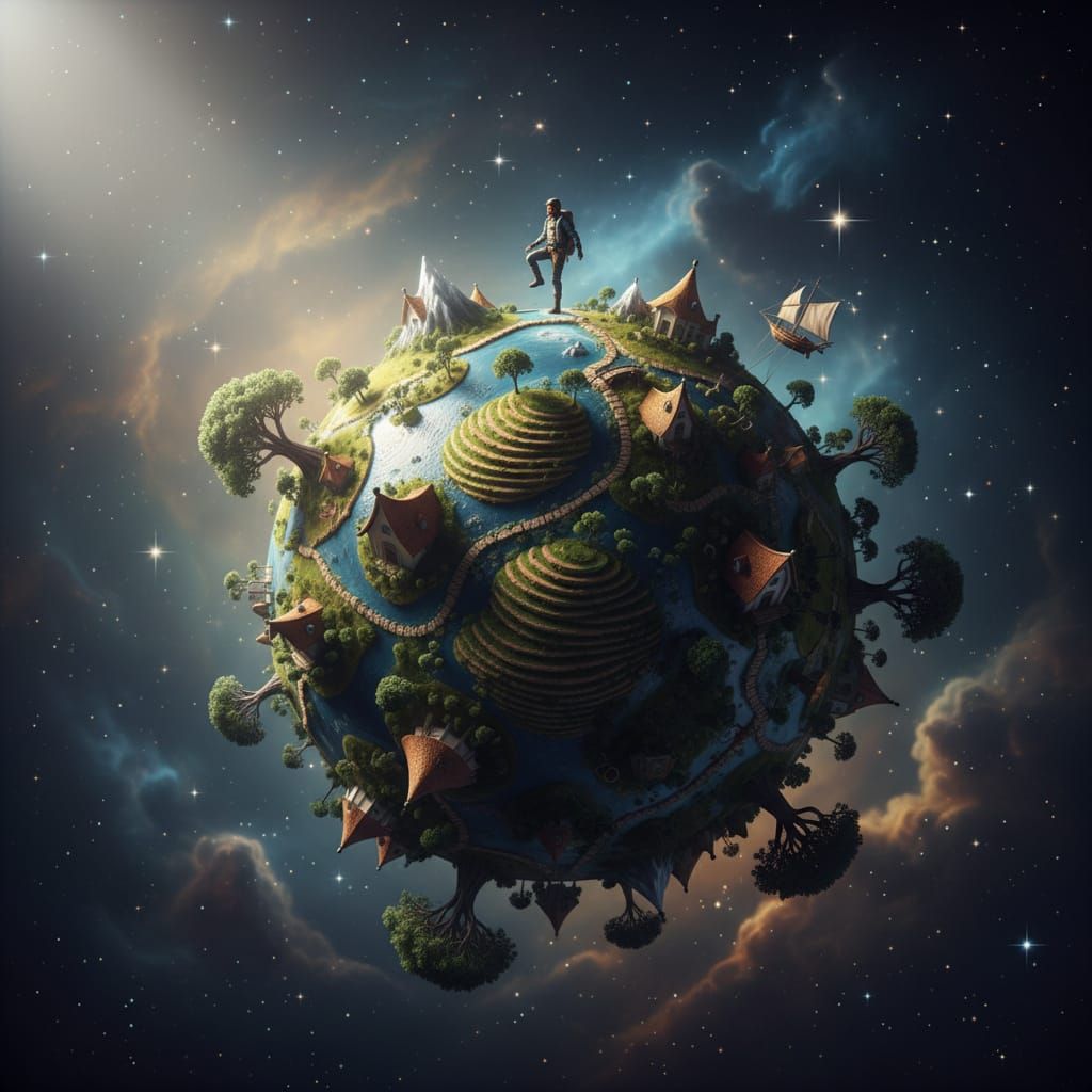 Lone Figure Balances on Detailed 3D Earth in Space