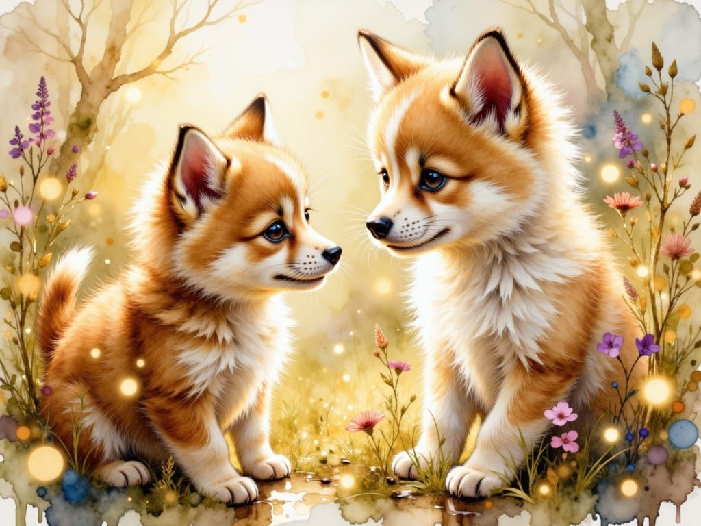 Cute Kitten and Puppy Play in Rainy Flower Field