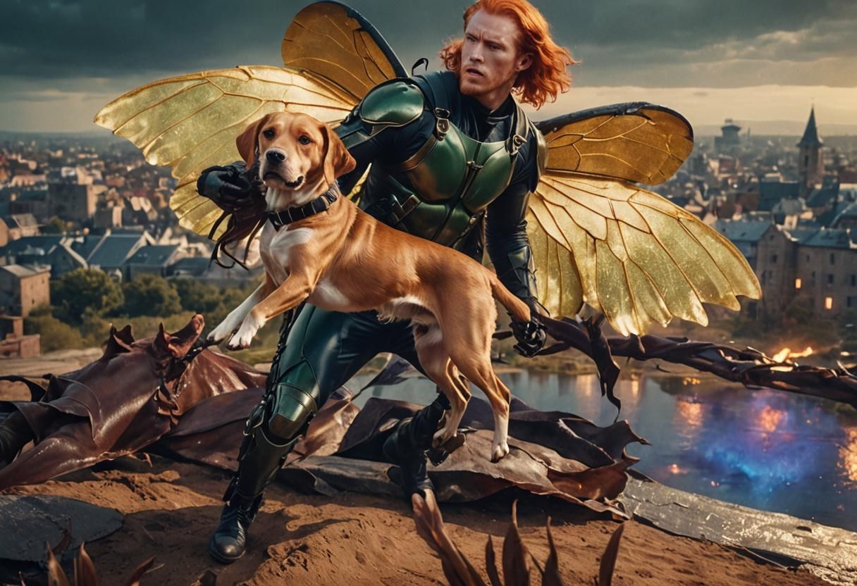 Eerie Winged Figure with Dog in Dark Fantasy Style