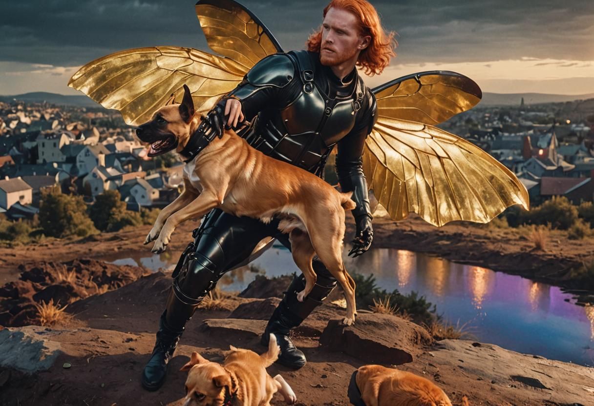 Demonic Redhead with Beetle Wings and Dog