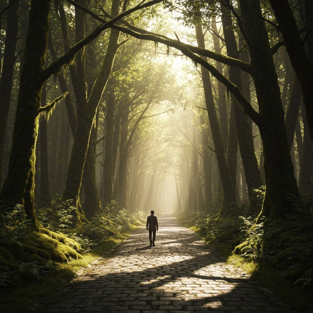 Solitary Figure on Forest Path in Golden Light