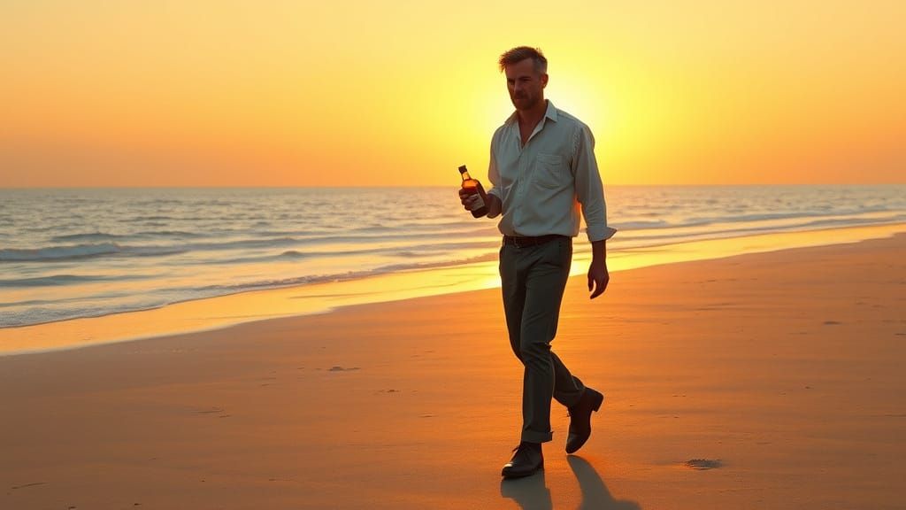 Man Contemplates Life on a Secluded Beach at Sunset