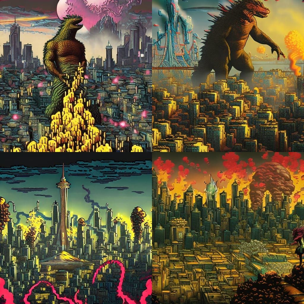 Godzilla in Yellow Dress Over Burning Seattle, Comic Art