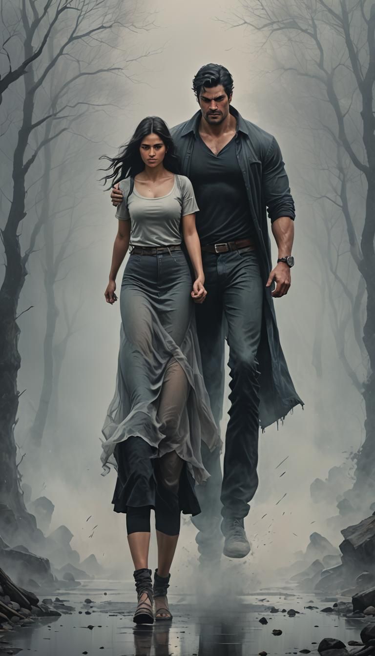 Loving Couple Walks into Fog: Hyperrealistic Splash Art