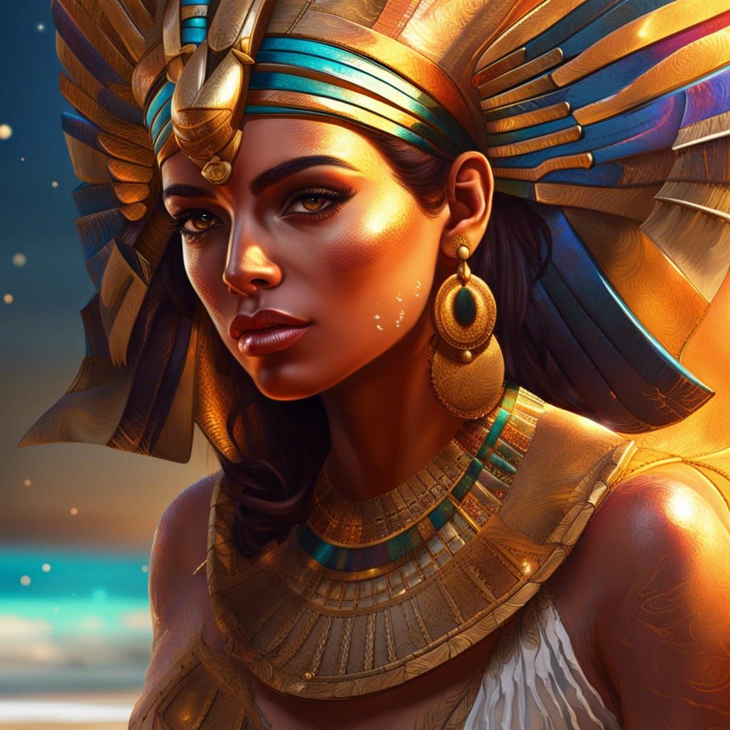 Hyperrealistic Egyptian Goddess on a Colorful Beach