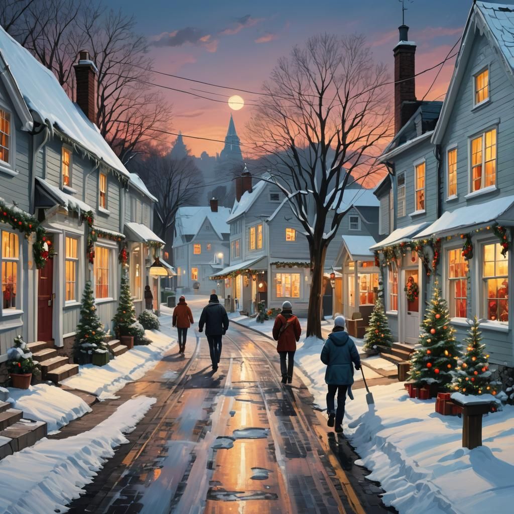 Christmas Cottages in Snowy Village, Hyperrealistic Splash A...