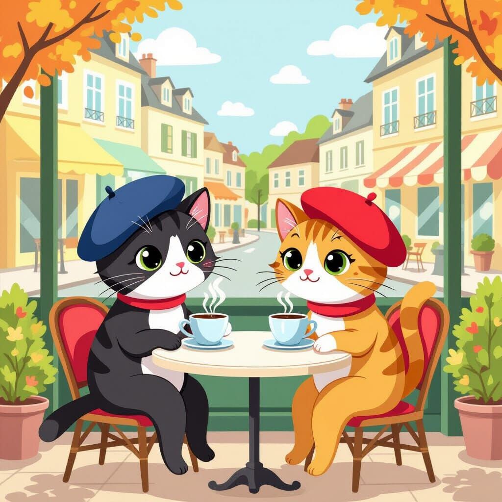 Cats Enjoying Coffee in a Cute French Cafe