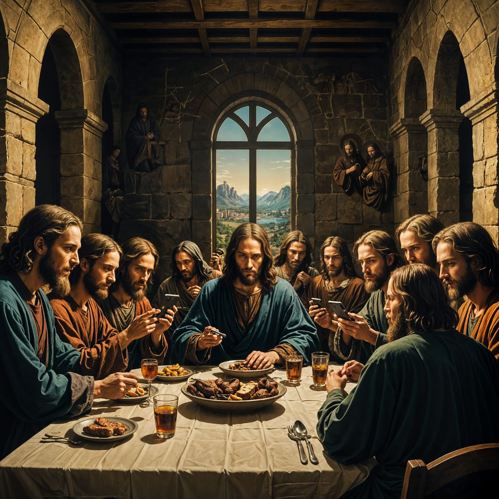 Last Supper Reimagined: Apostles on Phones in Film Still
