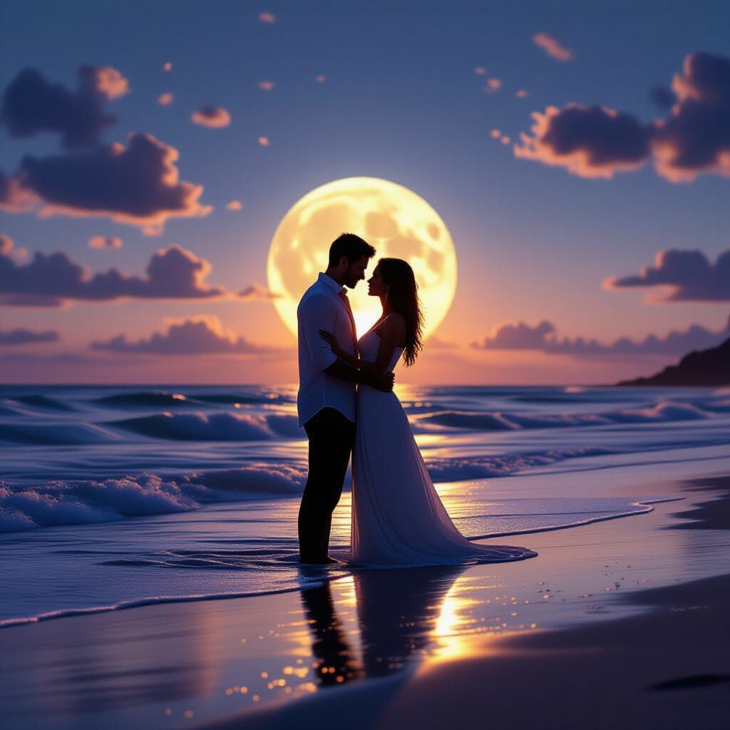 Moonlit Beach Rendezvous: Silhouetted Couple Enjoy Serene Oc...