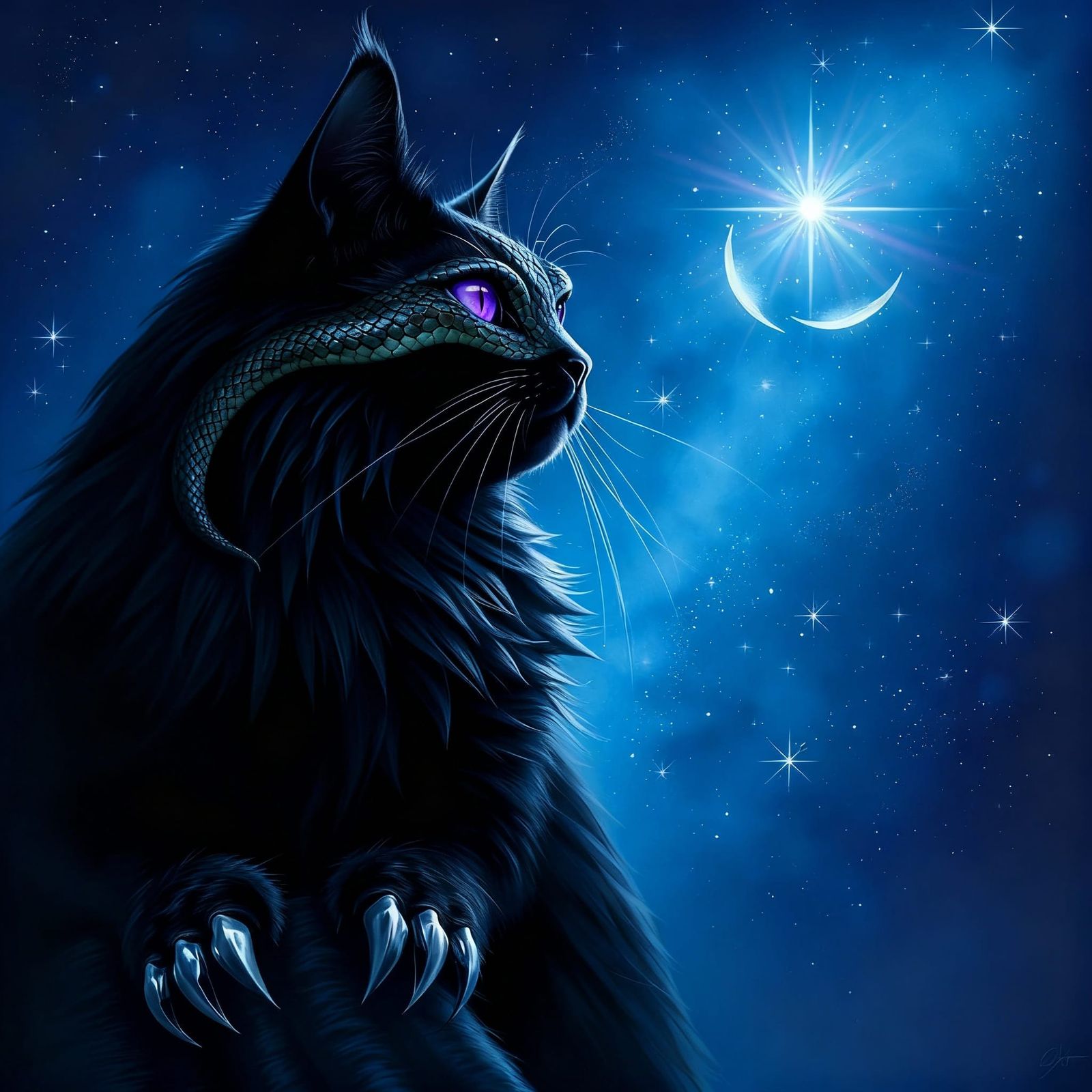 Mysterious Black Cat Gazes at Starry Sky