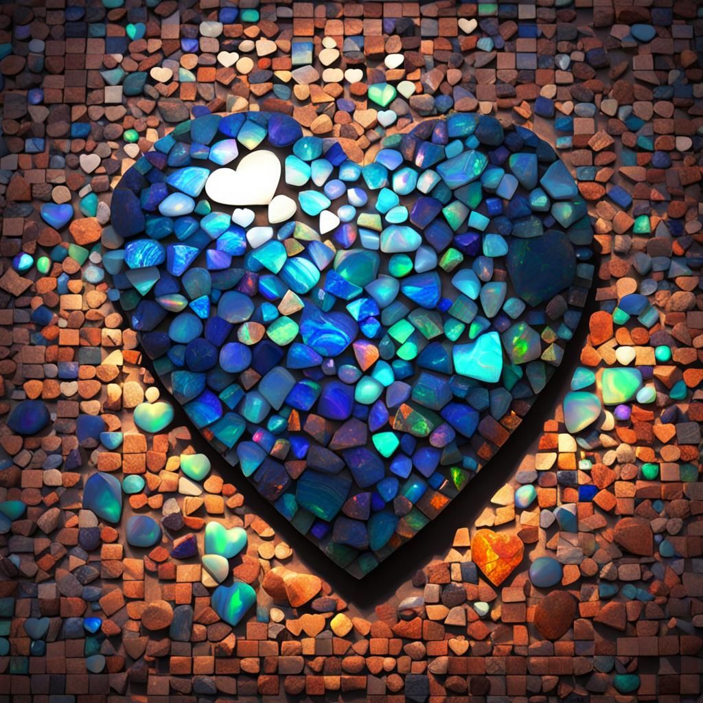 Opal Heart Sculpture in Mosaic Style