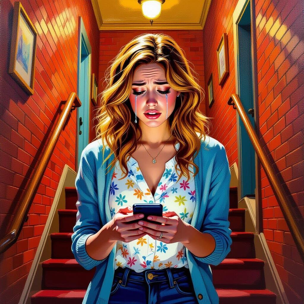 Worried Woman Climbing Stairs: Oil Painting Style