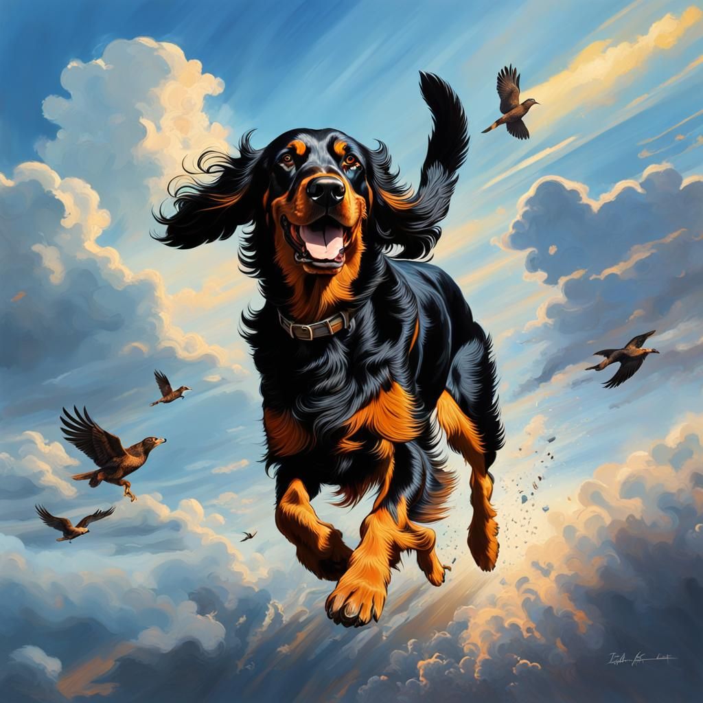 Gordon Setter's Skyward Chase: Hyperrealistic Vivid Colors
