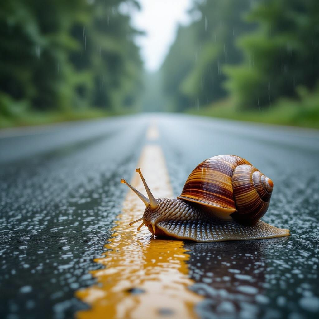 Snail's Journey on a Rainy Road
