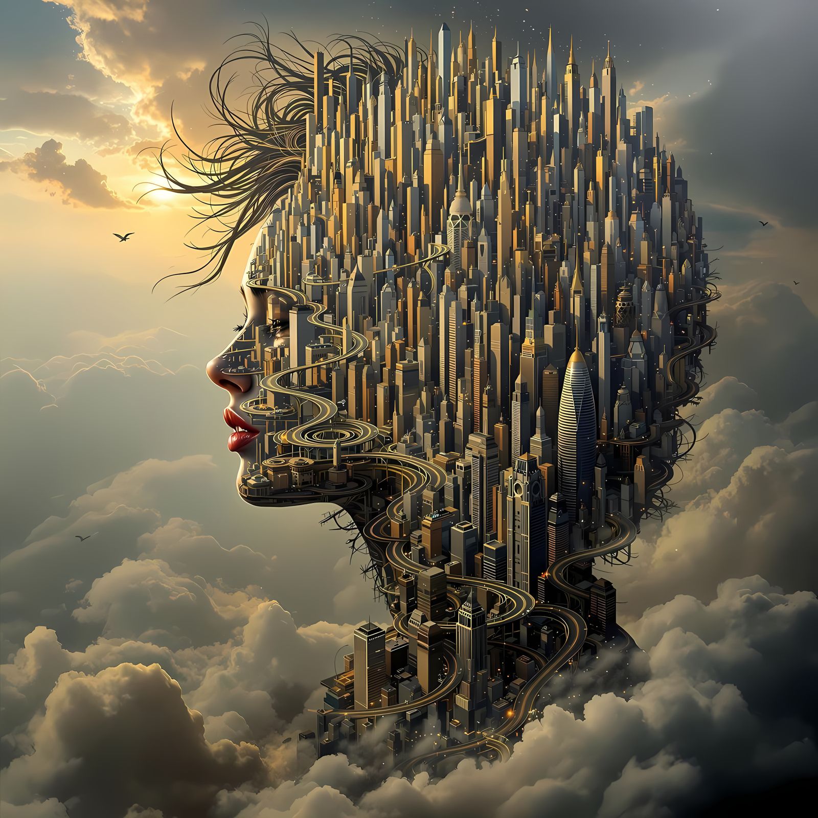 Surreal Cityscape Forms a Woman's Figure in Vibrant Oil Pain...