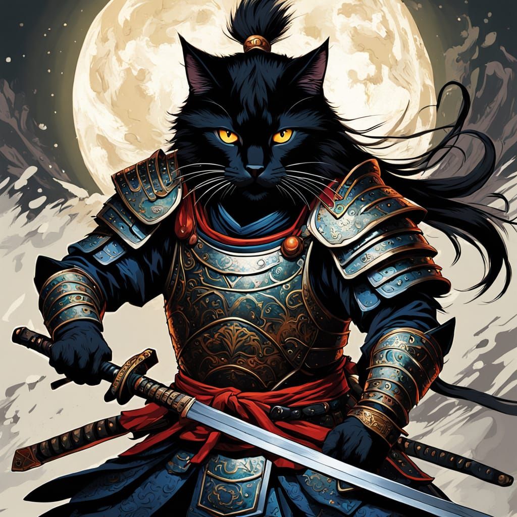 Samurai Cat Warrior in Moonlight: Digital Art Nouveau