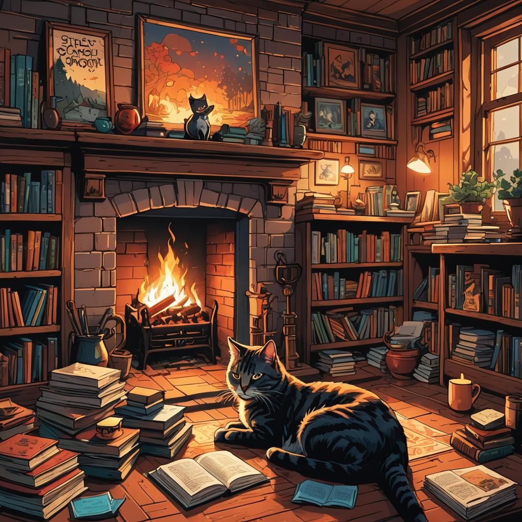 Cozy Comic Book Room with Fireplace and Cat