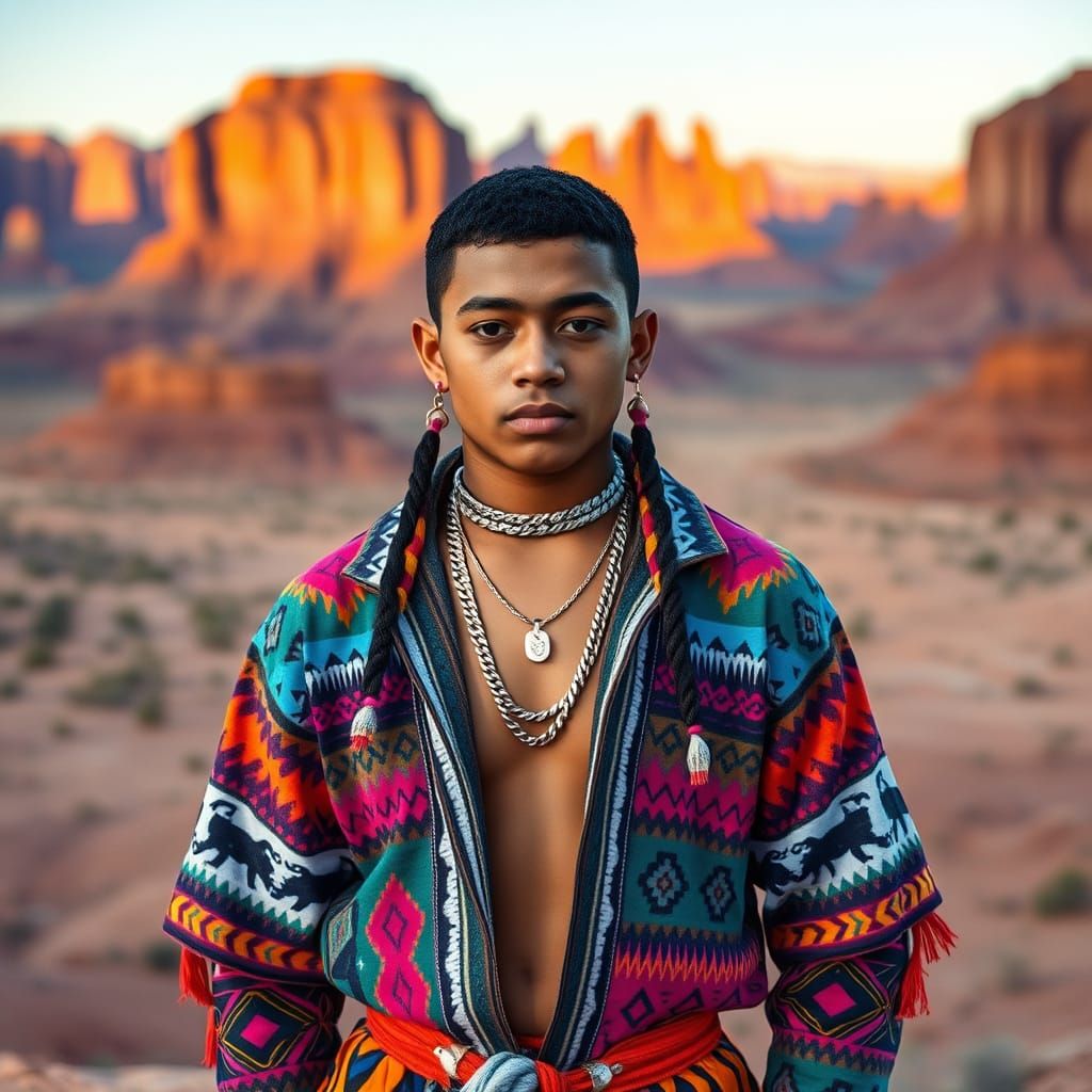 Navajo Two-Spirit Youth in Vibrant Streetwear, Adorned with ...