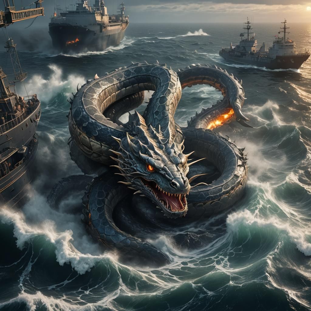 Colossal Frilled Sea Serpent Rises from Ocean