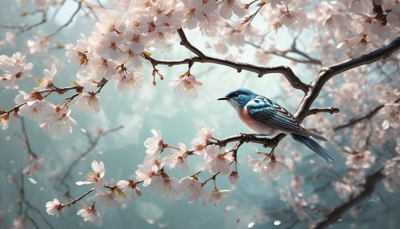 Translucent Glass Songbird Among Cherry Blossoms