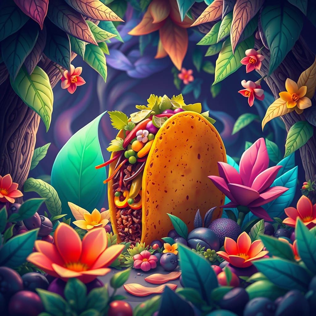 Vibrant Cartoon Taco in Fantasy Landscape