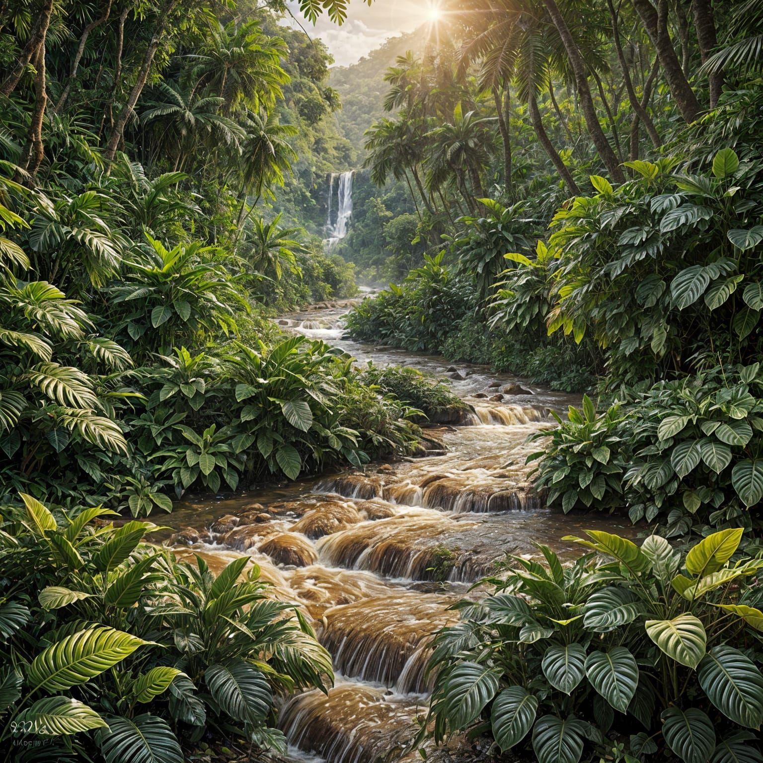 Coffee River Flows Through Jungle in Hyperrealistic Photo