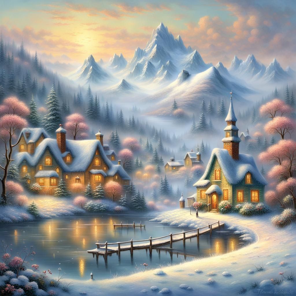Village on Iced Lake with Snowy Mountains