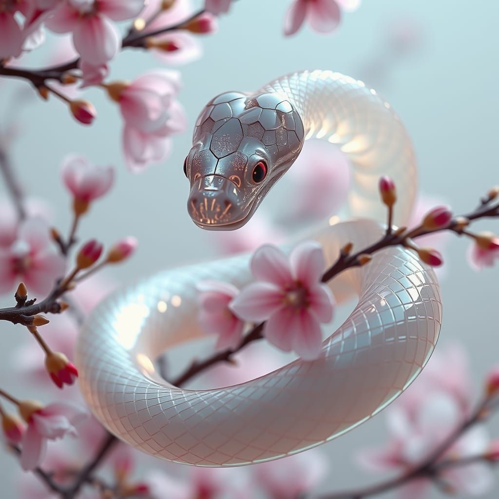 Glass Snake Coiled Around Cherry Blossoms