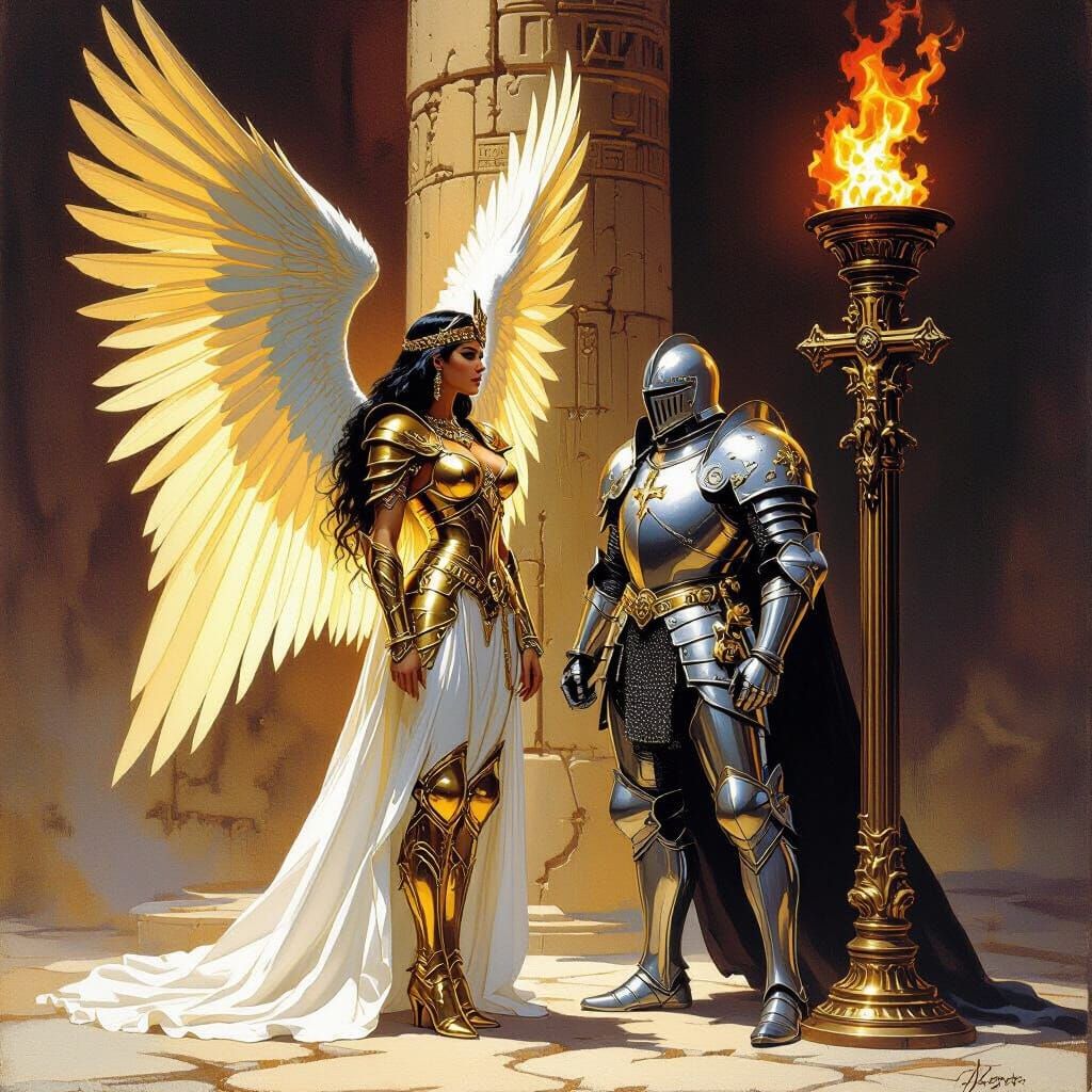 Angel in Golden Armor and White Knight by Torchlight