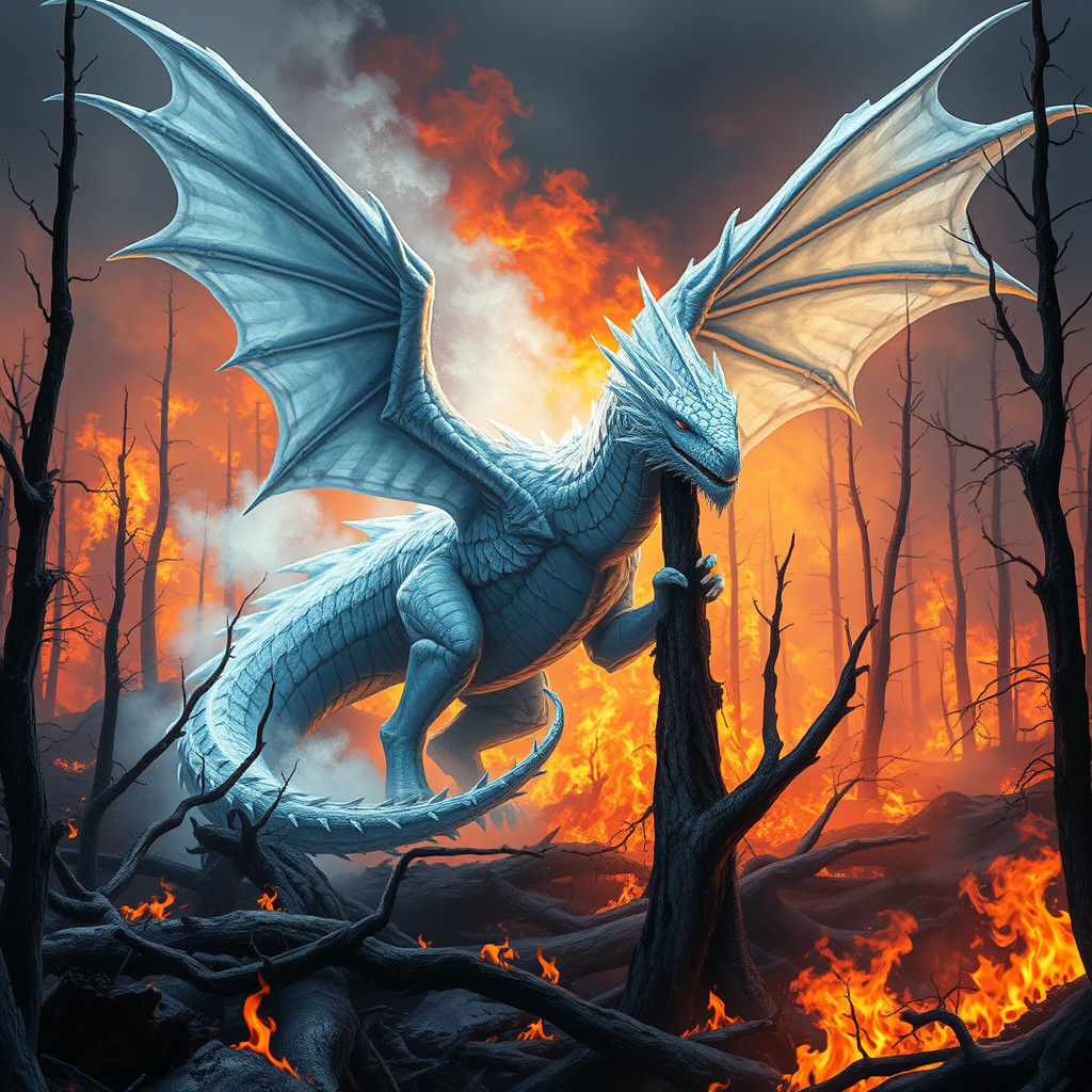 Ice Dragon Extinguishes Forest Fire: Fantasy Concept Art