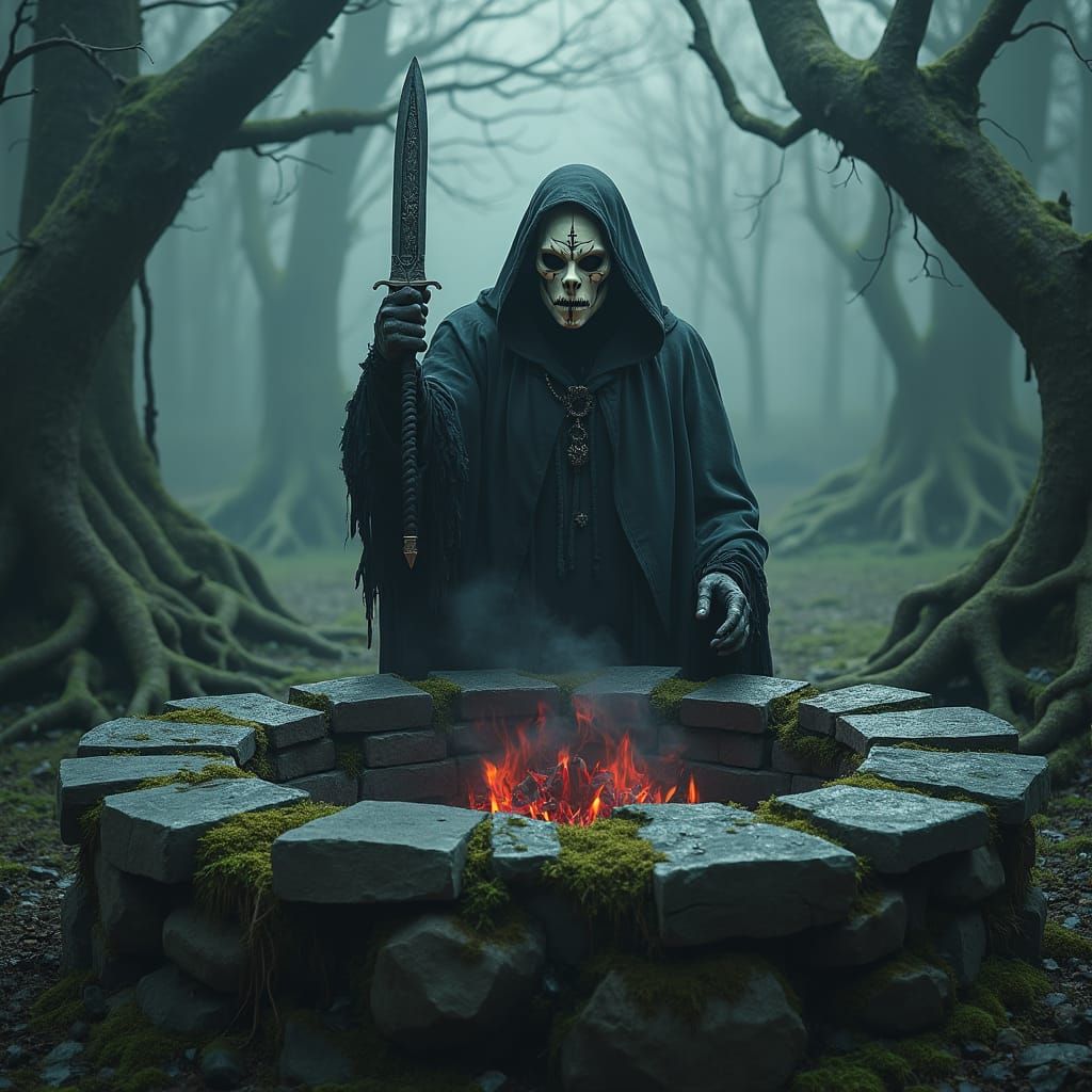 Macabre Ritual in Misty Forest Altar