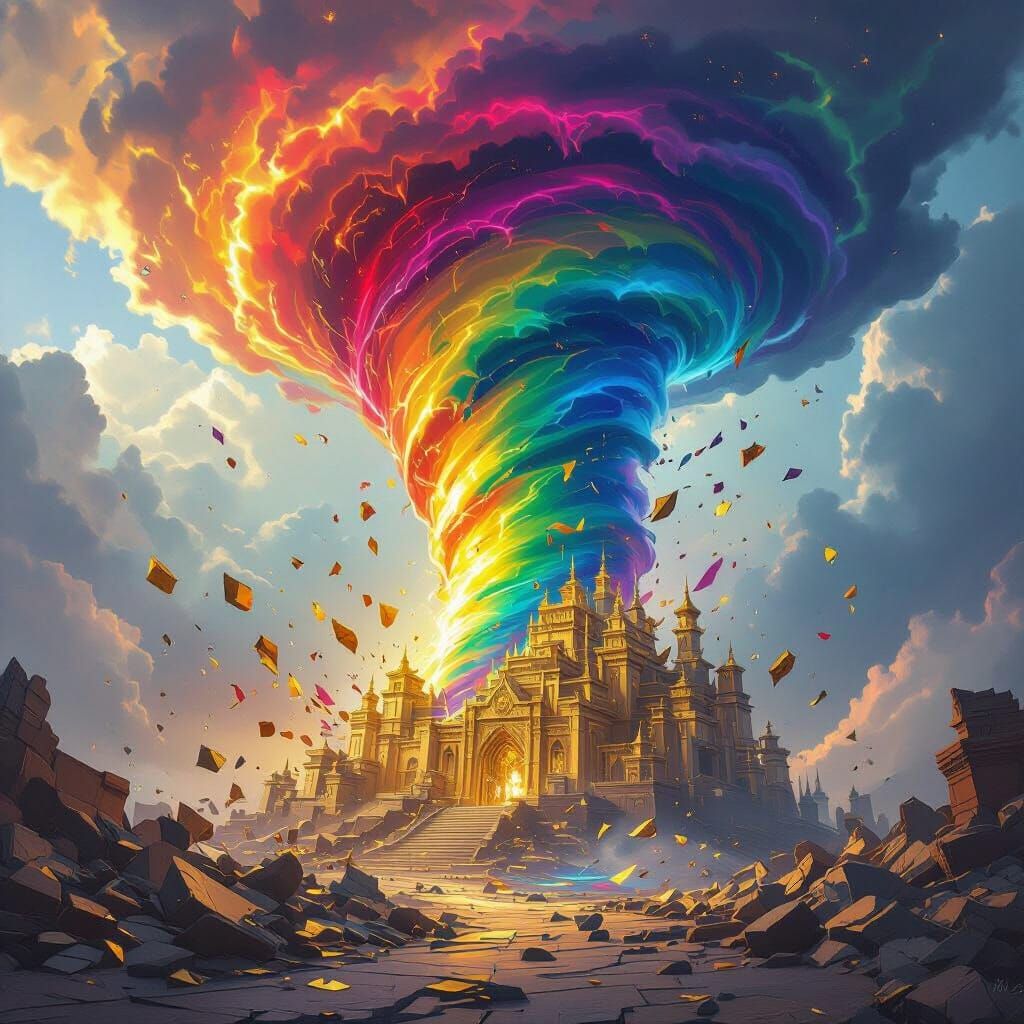 Rainbow Tornado Destroys Golden Palace with Swirling Energy