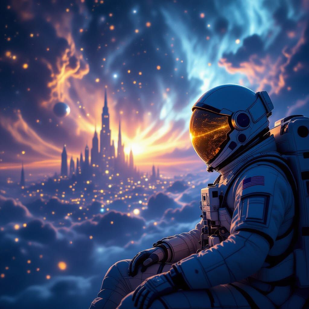 Astronaut in Cosmic Nebula Reflecting Alien City