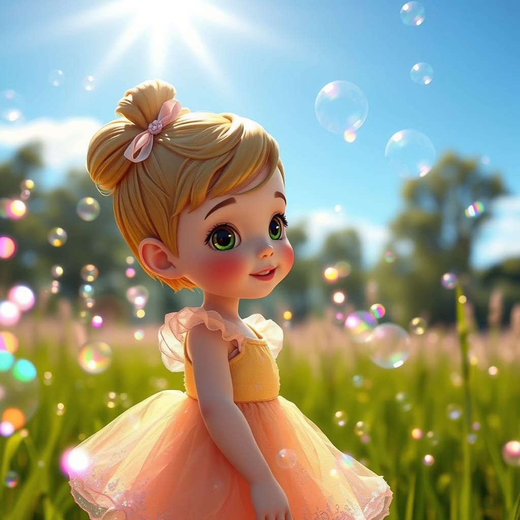 Charming Girl Surrounded by Fluorescent Bubbles, Pixar Style