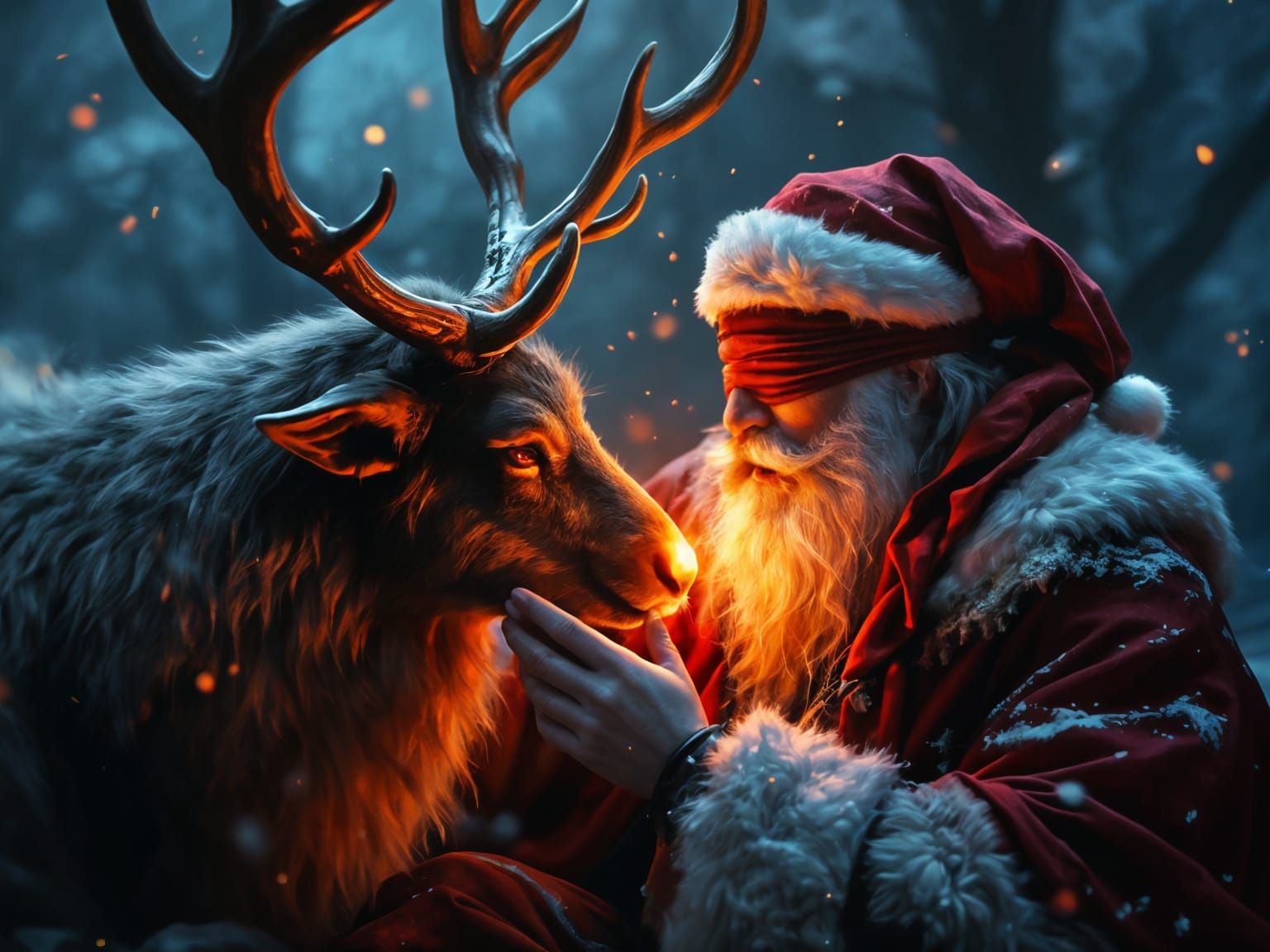 Ethereal Fantasy Reindeer and Blindfolded Santa in a Deep Co...