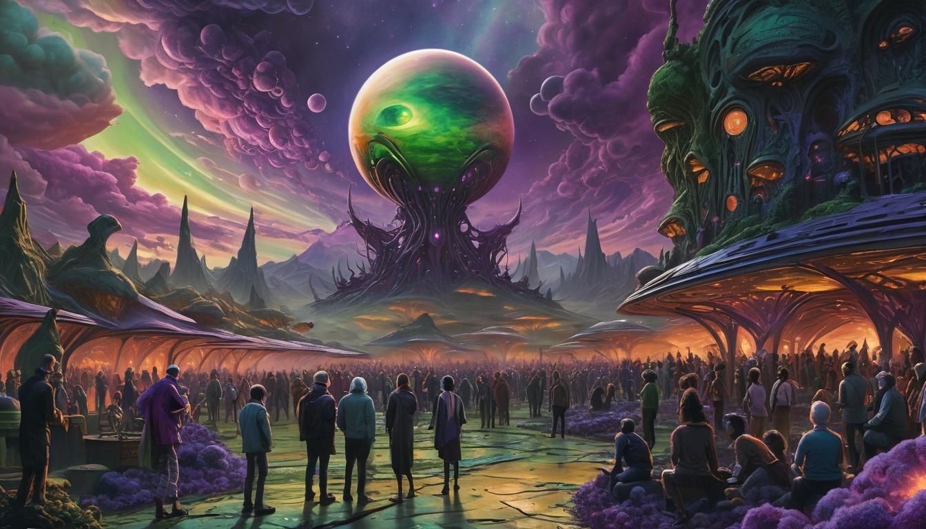 Surreal Alien Art Gala on a Vibrant Exoplanet