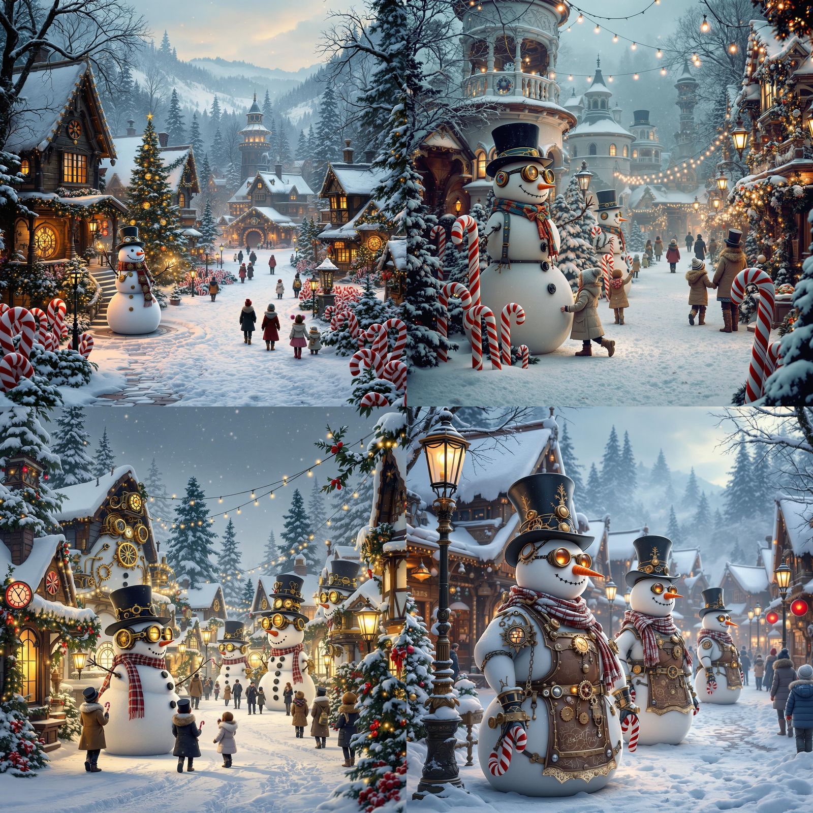 Steampunk Snowmen in Christmas Village, Realistic Detail