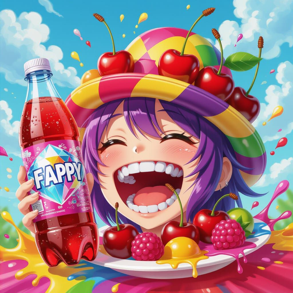 Anime Cherry Soda Bottle with Fruit Hat and Diamond Art