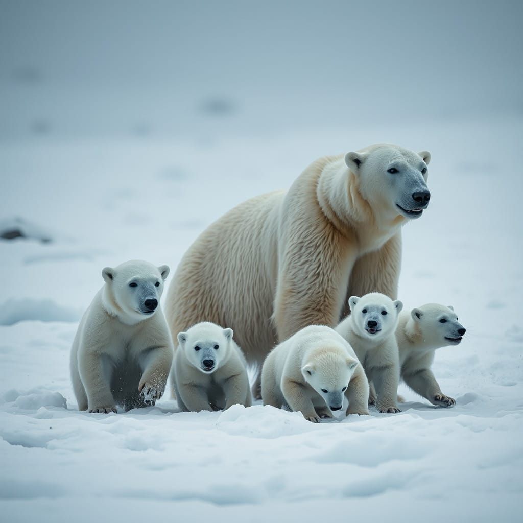 Polar Bears Family Frolics in Majestic Snow-Covered Mountain...