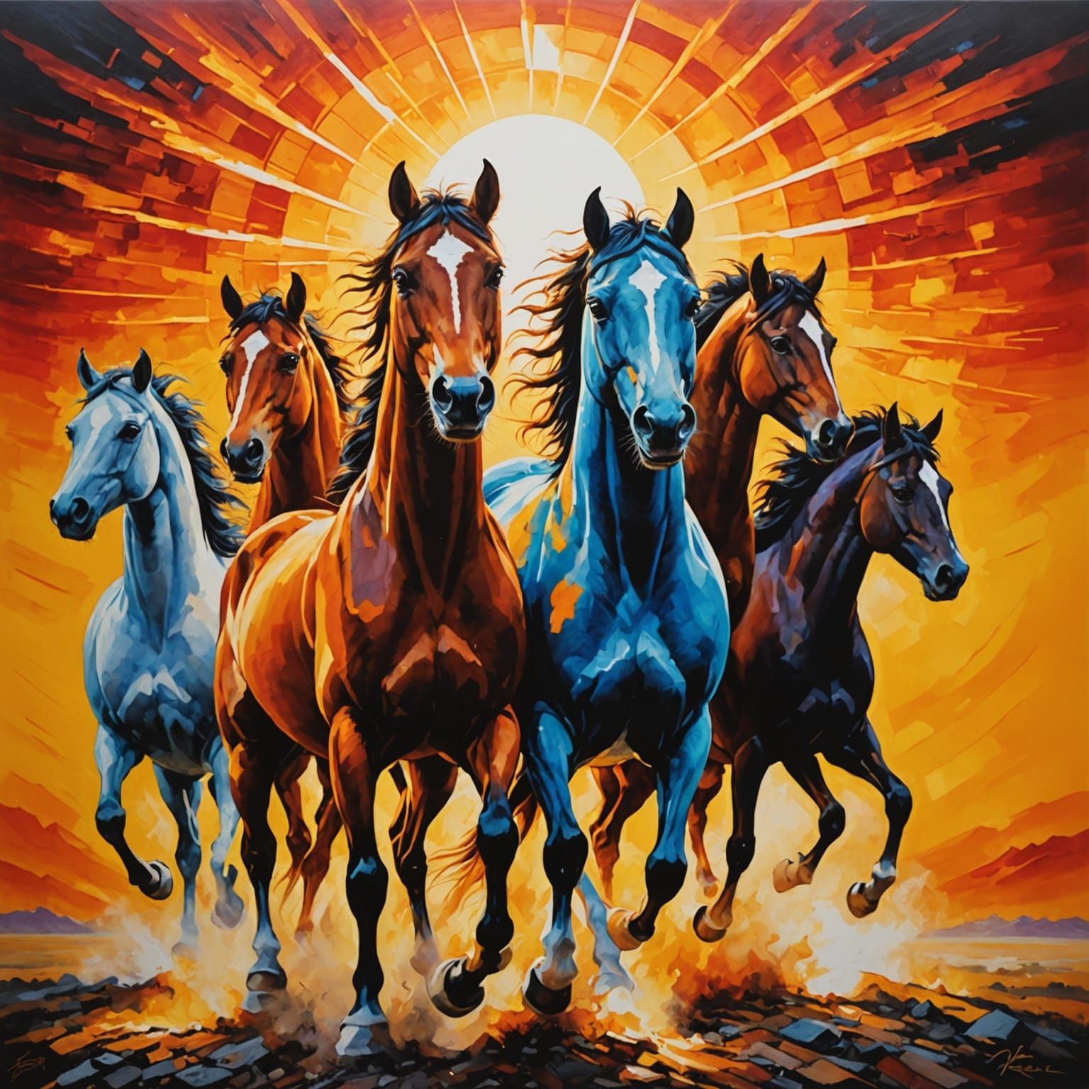Seven Horses Charging Towards the Blazing Sun