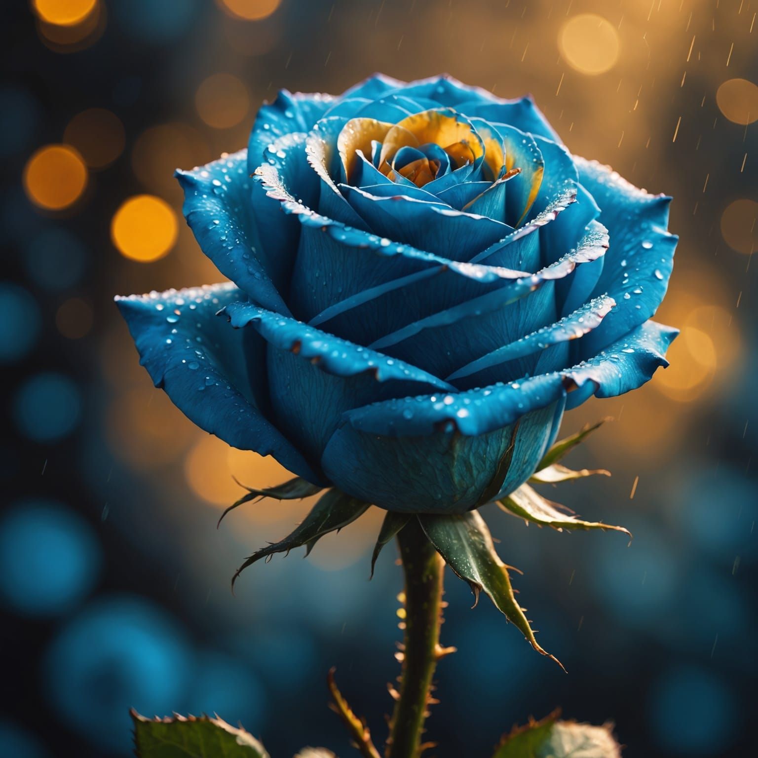Hyperrealistic Blue Rose Dripping Gold