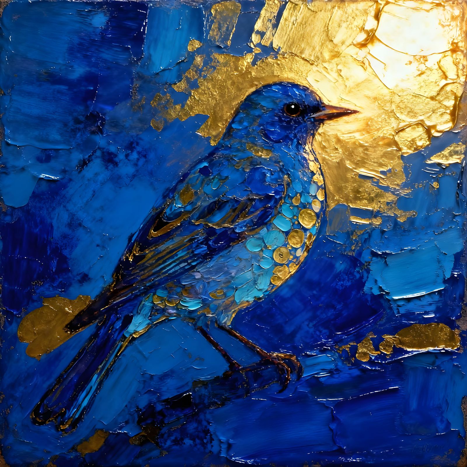 Encaustic Wax Painting of Blue and Gold Abstract Forms