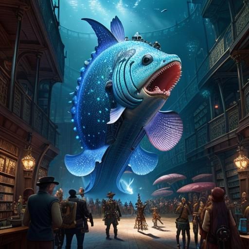 Steampunk Sea Animals in City Library, Detailed CGI