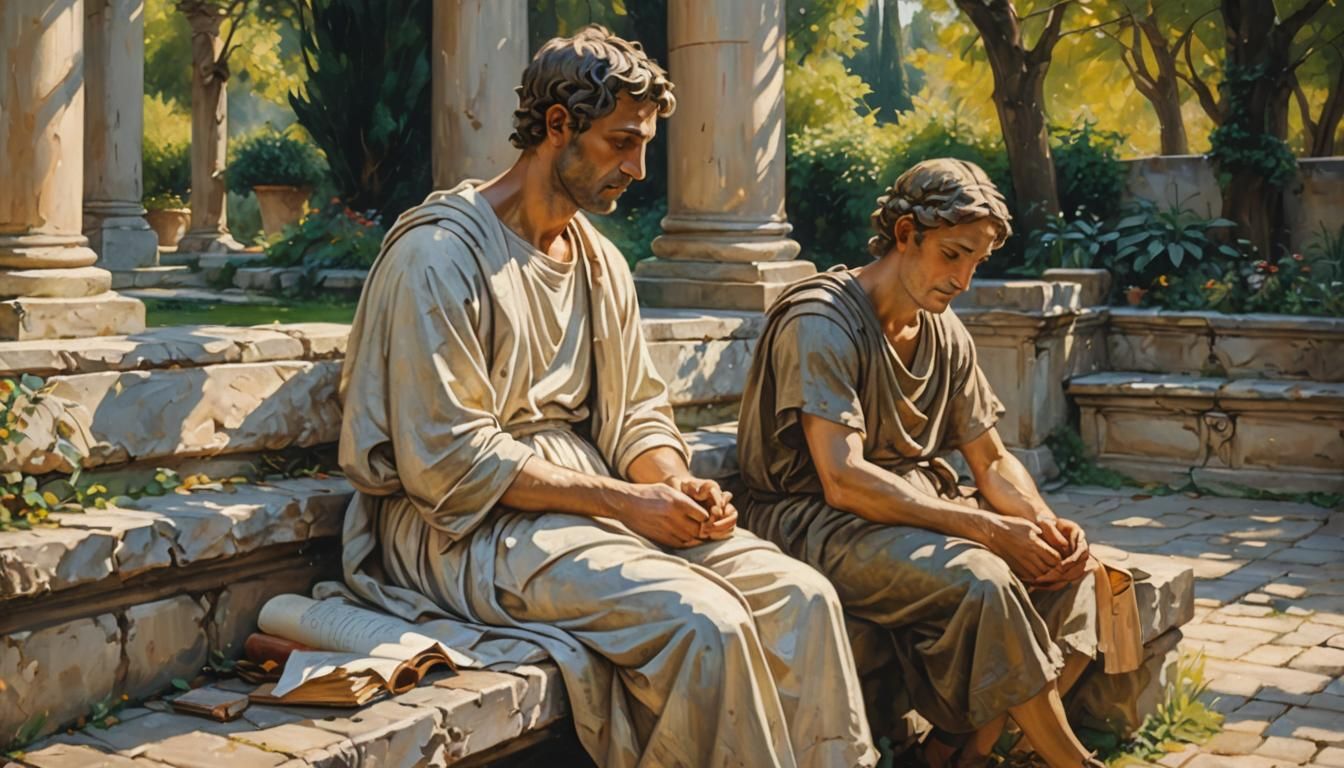 Roman Garden Couple in Classical Oil Painting Style