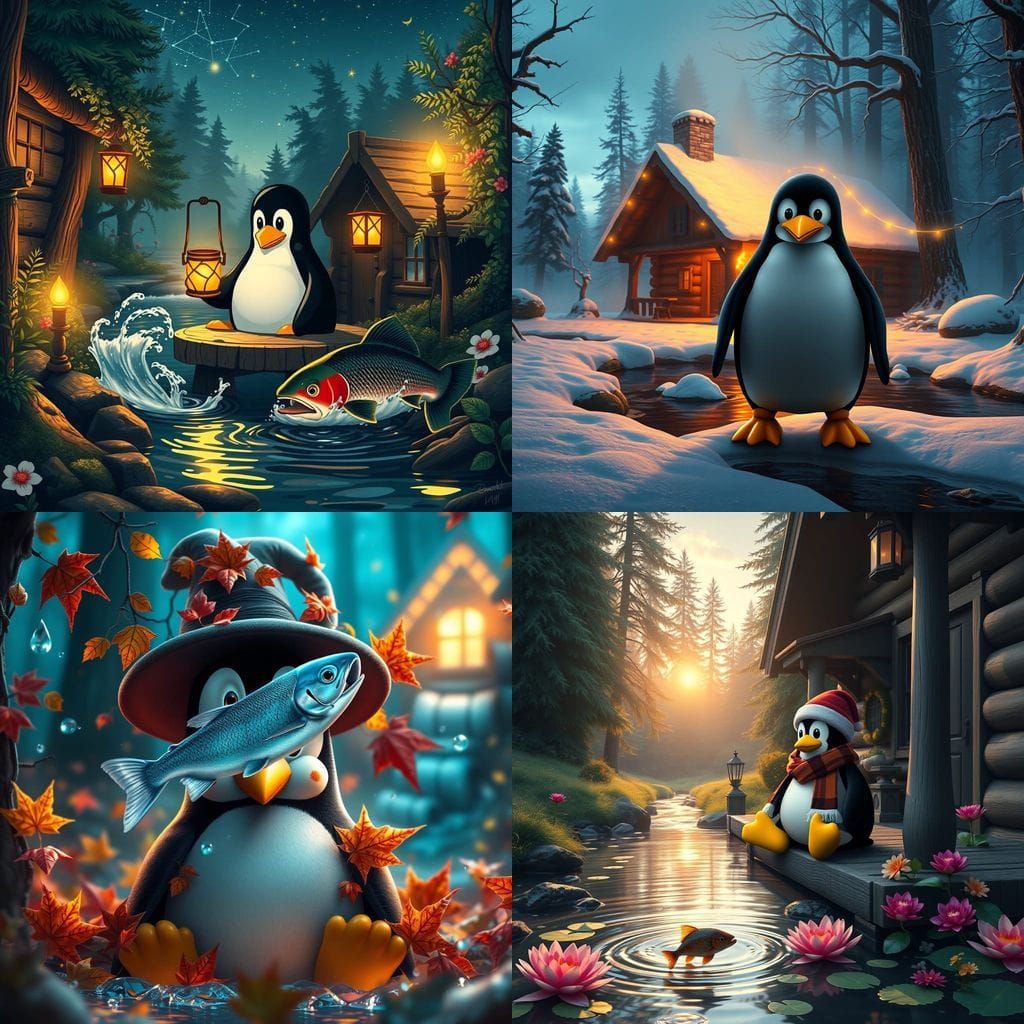 Tux the Penguin in Whimsical Woodland Cabin Scene