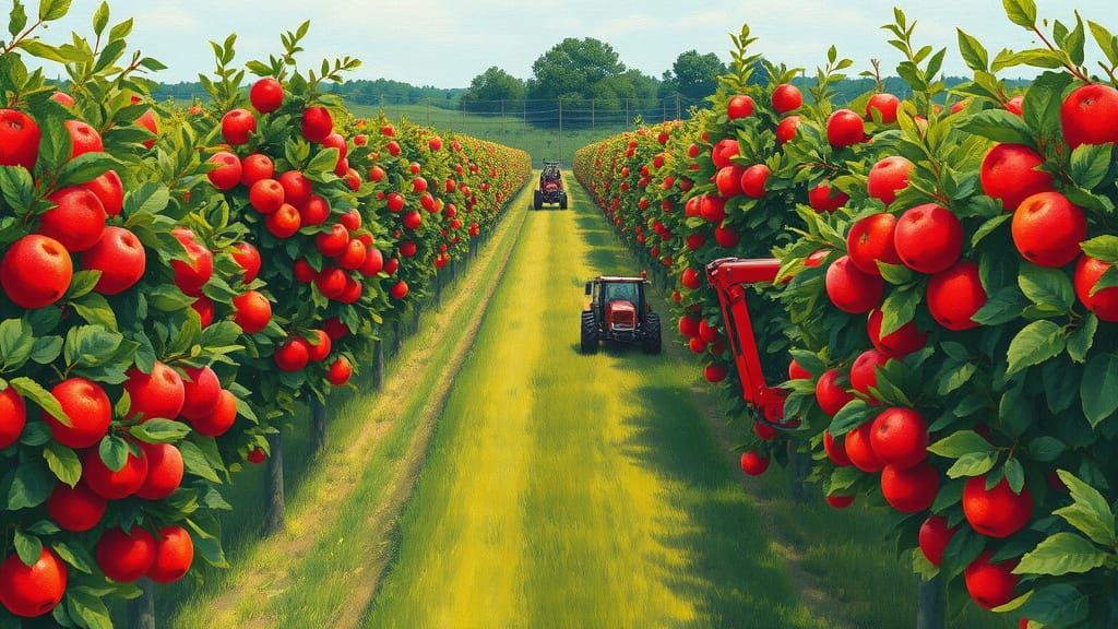 Vibrant Orchard Scene in Gouache Impasto Style