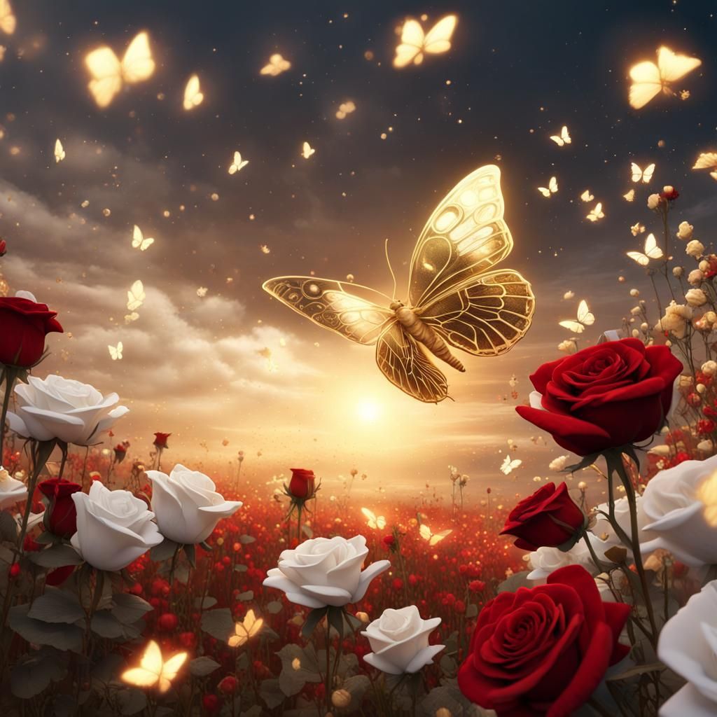 Golden Butterfly and Red Rose Fantasy Art
