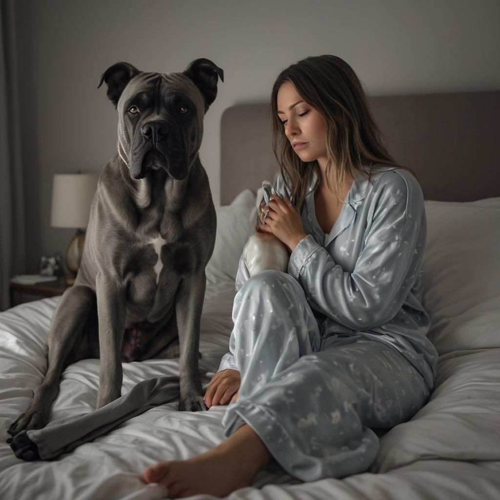 Woman Grieving Dog with Cane Corso Ghost